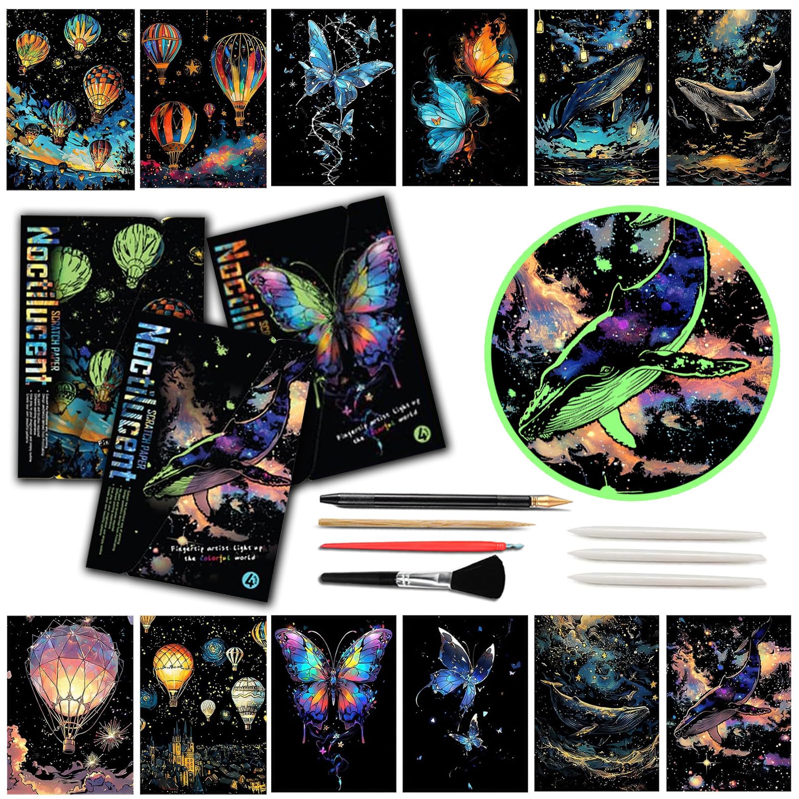 Iskueal glow-in-the-dark scratch art paper reveals luminous designs when illuminated