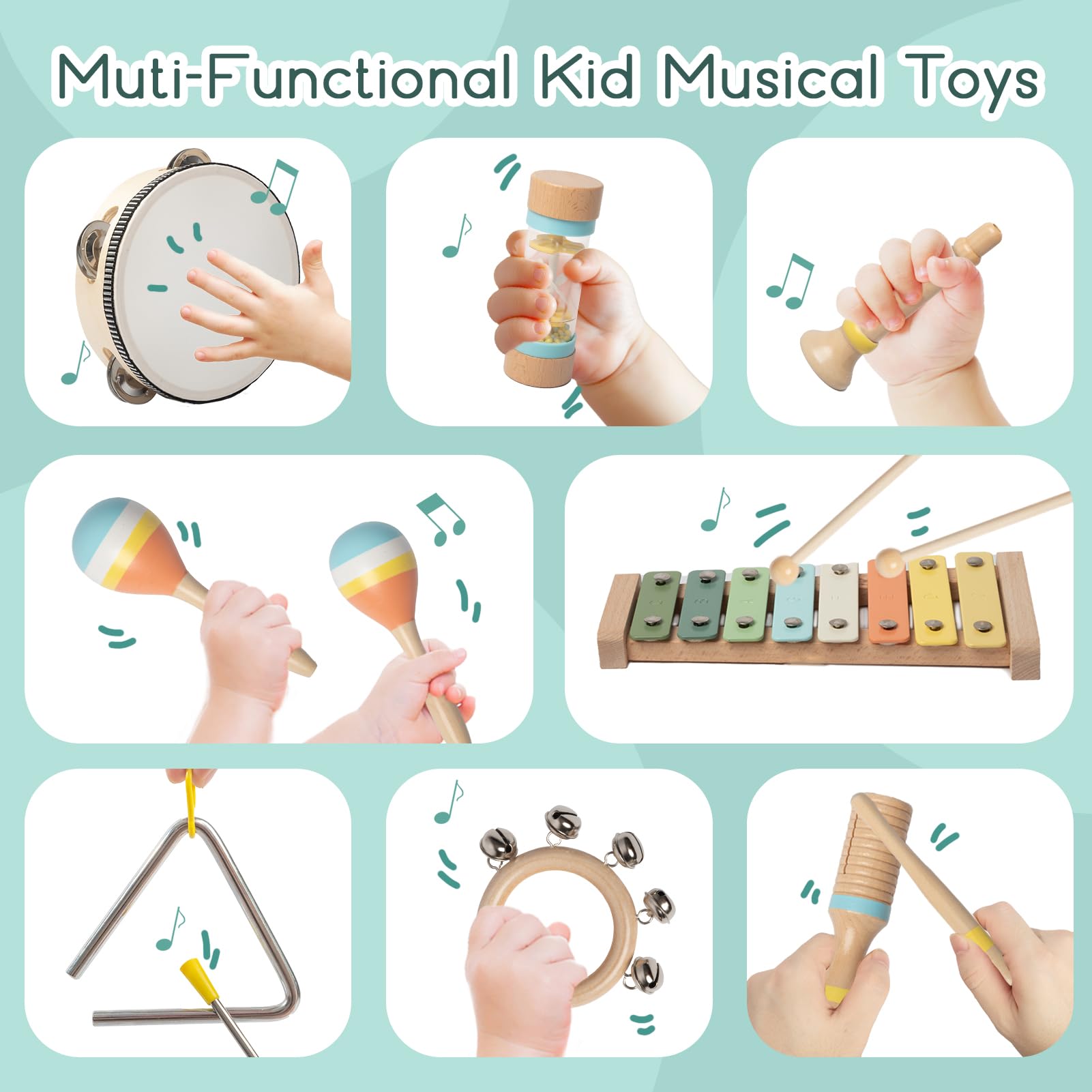 iSNTL wooden trumpet adds gentle brass-like tones for imaginative play.