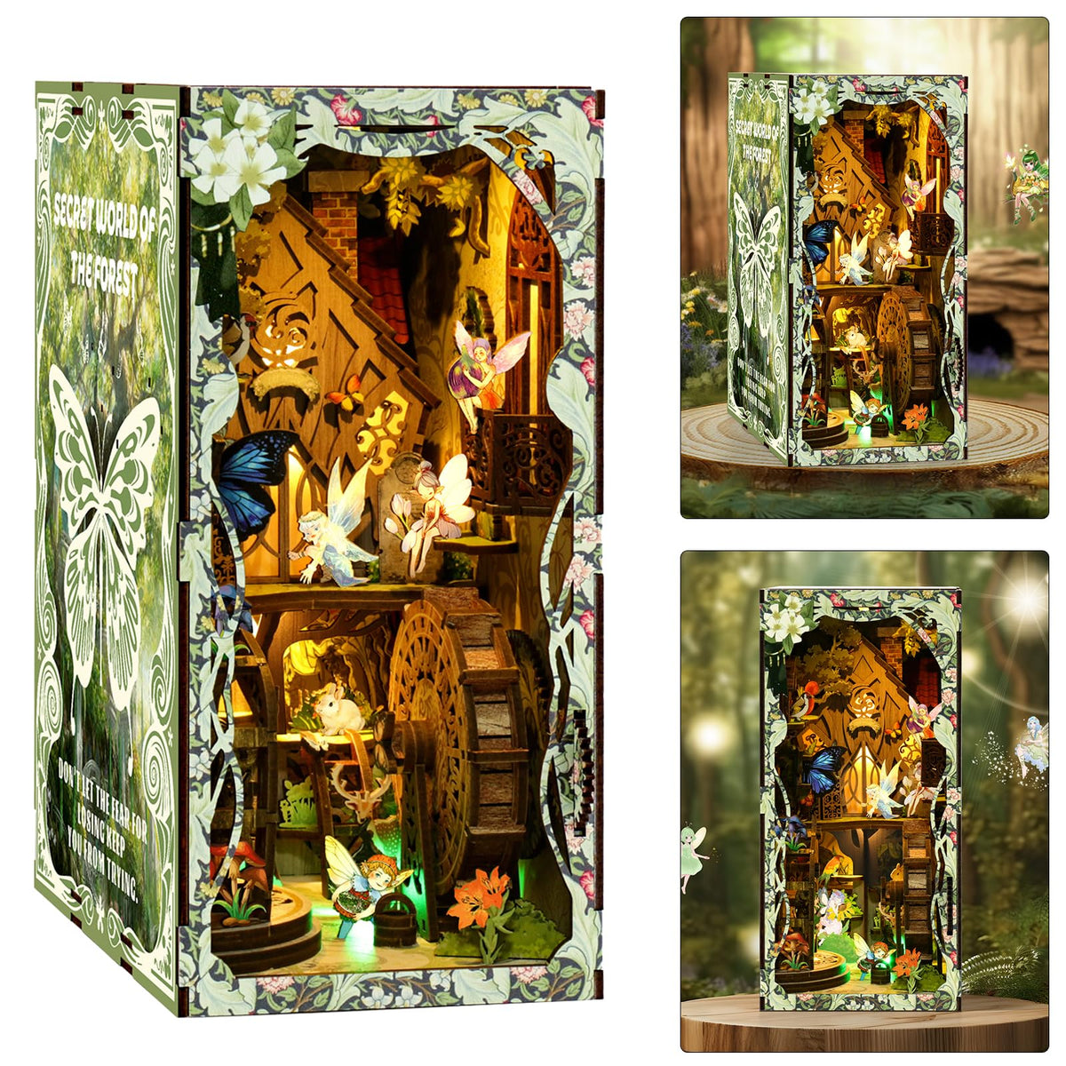ISSEVE Book Nook Forest Cottage kit—detailed wood textures for shelf decor.