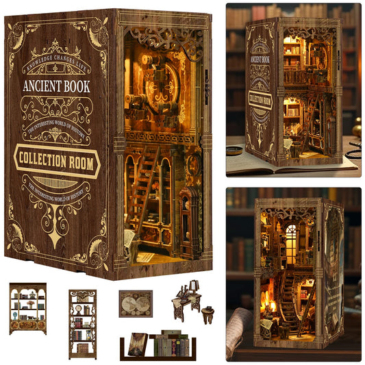 ISSEVE Book Nook Kit assembled diorama display on a bookshelf for cozy ambiance