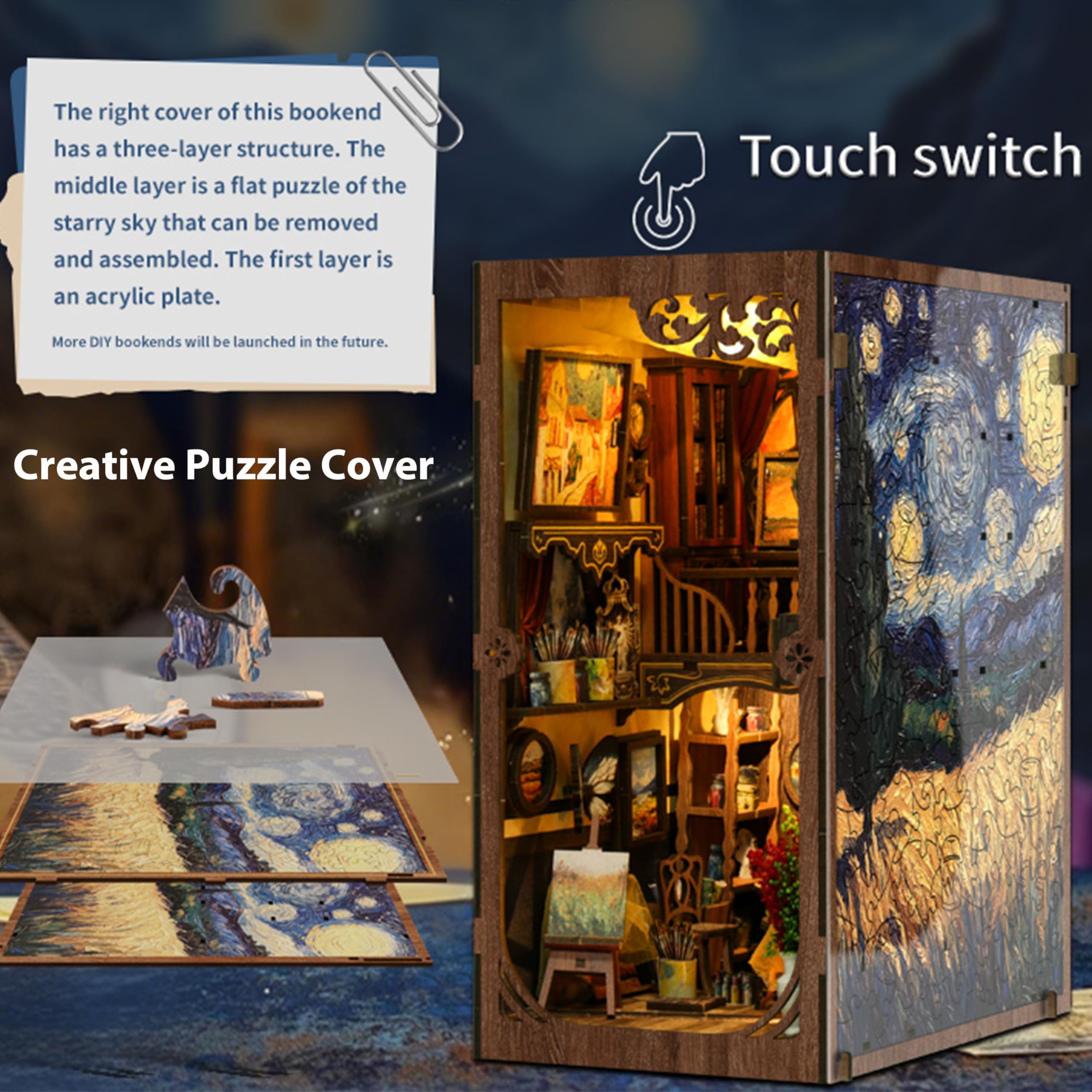 ISSEVE Book Nook Kit built-in LED light with a touch switch for ambient glow