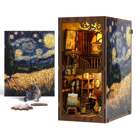 ISSEVE Book Nook Kit weathered paints displayed beside a miniature bust adds vintage charm