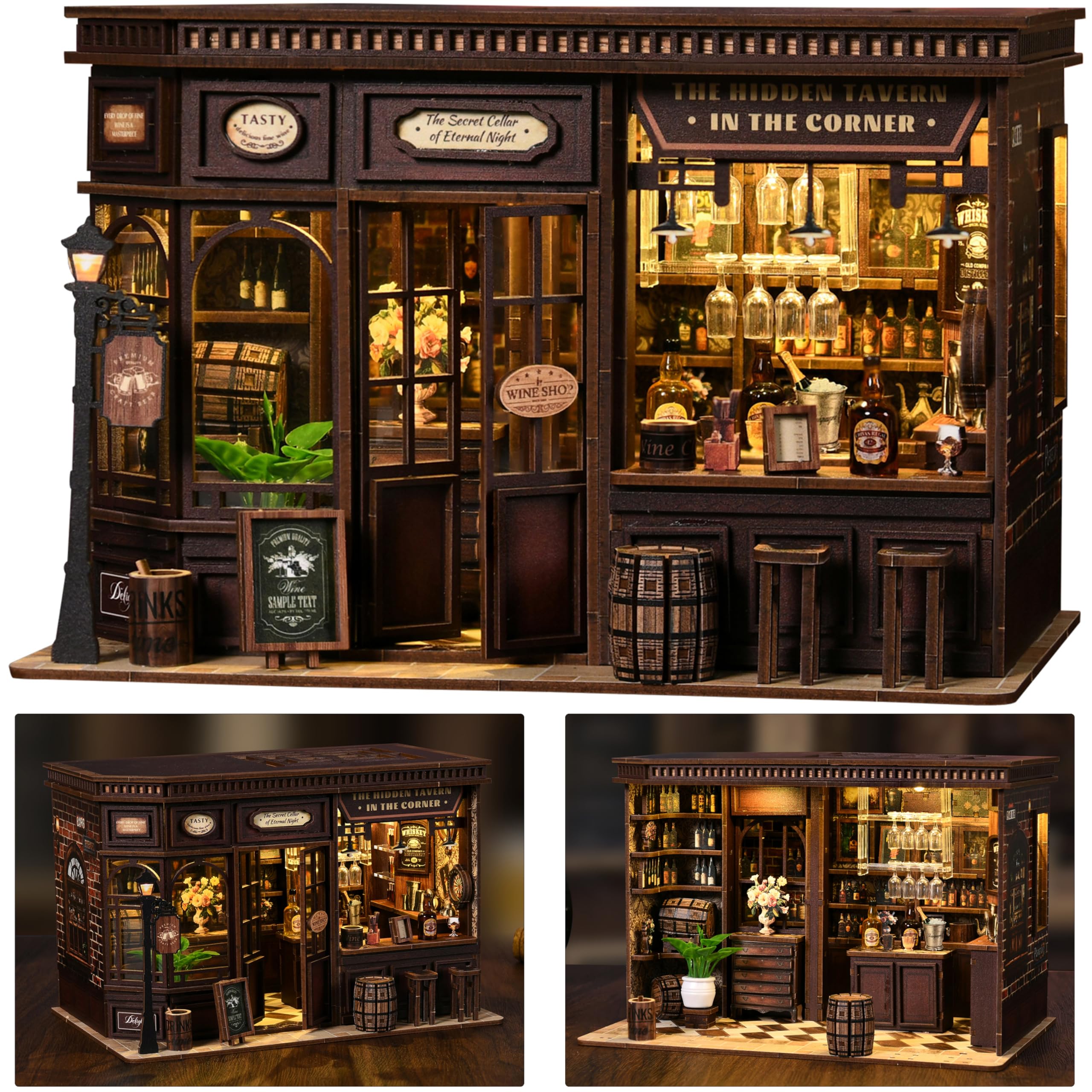 ISSEVE Corner Tavern Book Nook front view glowing warmly for cozy display