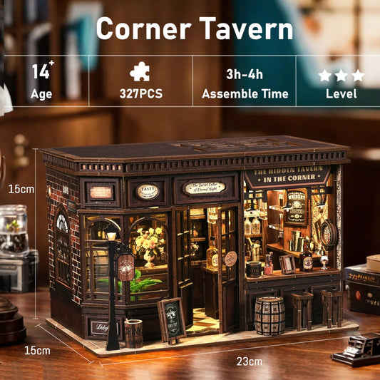 ISSEVE Corner Tavern Book Nook interior lit showing inviting miniature scene