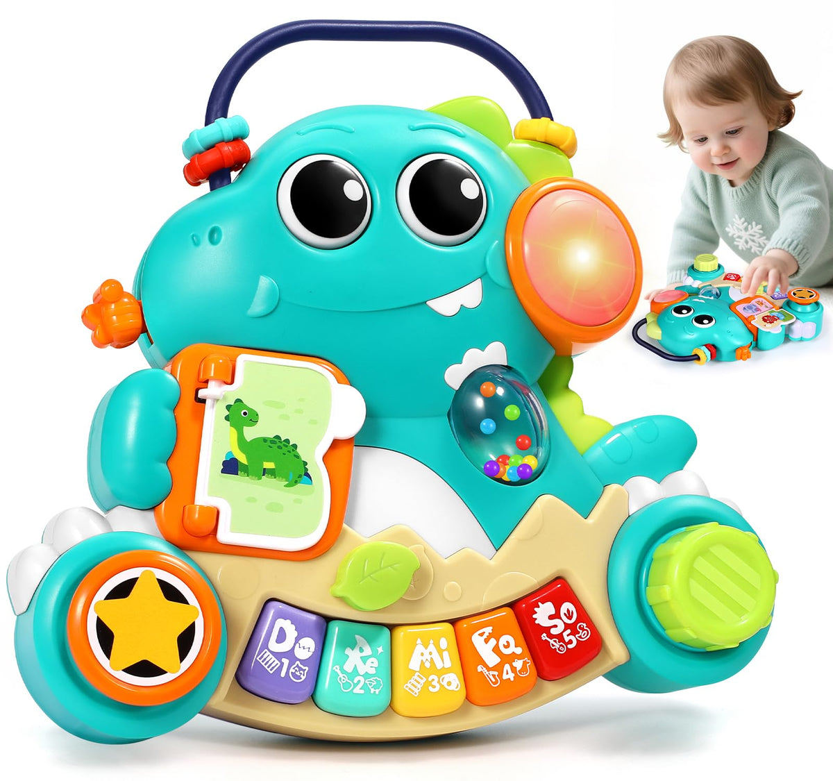 Itsforu Dino Piano Toy front view invites curiosity and sensory exploration.