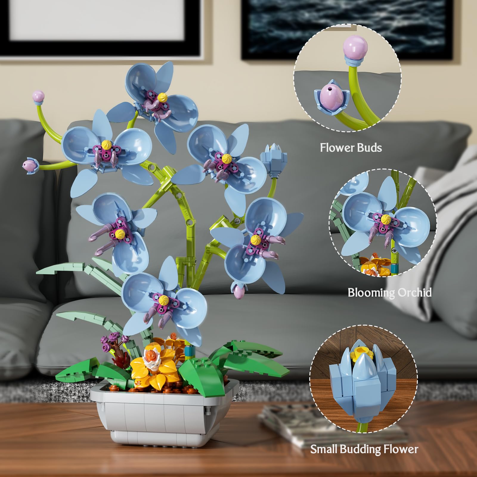 itshWOee Orchid Bonsai rotating model highlights lifelike stems and leaves.