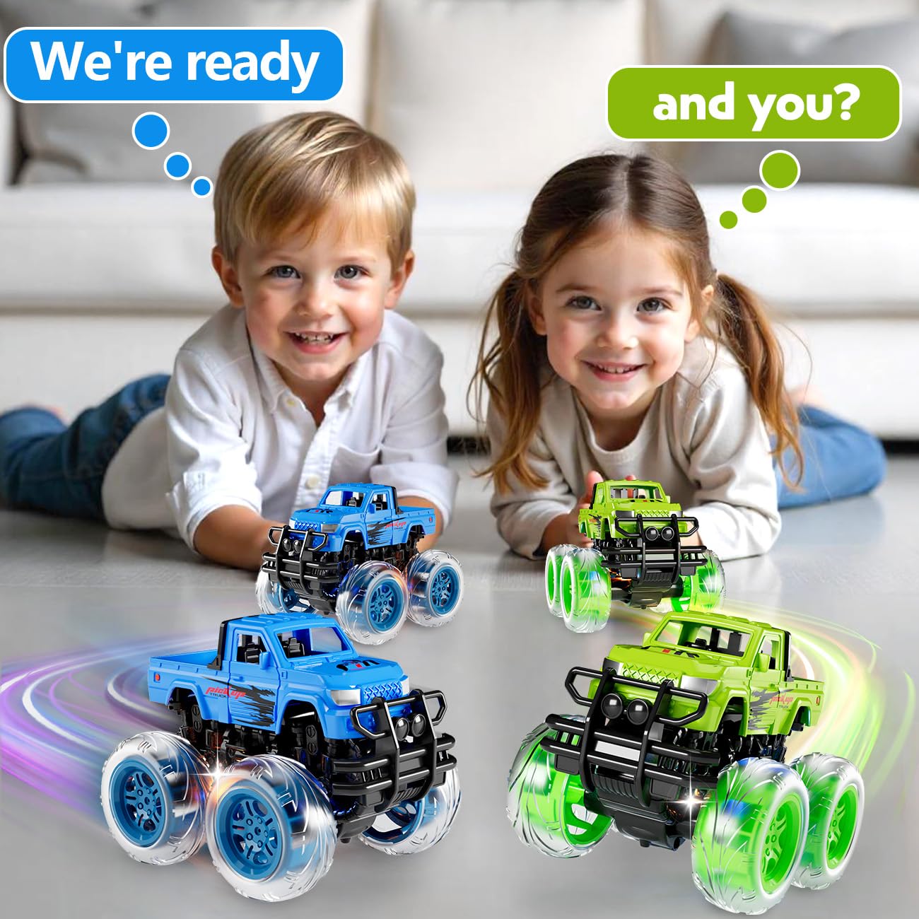 iValea Monster Trucks race-ready set, two die-cast units spark imaginative competition.