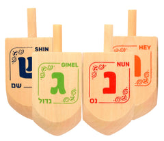 Colorful wooden dreidel set designed for kids to spin and learn together.