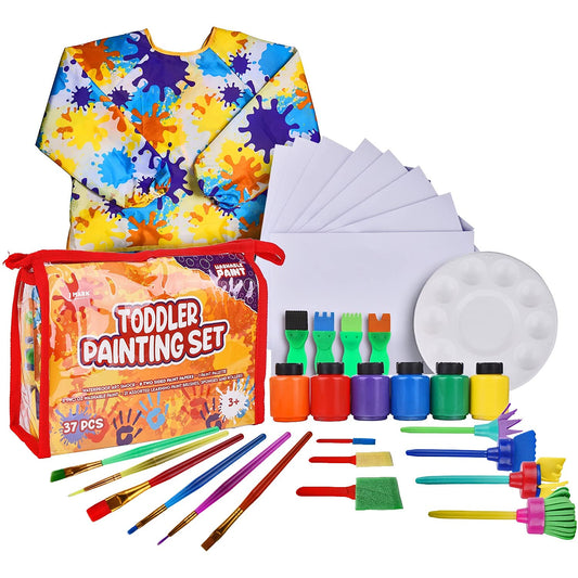 J MARK 38-piece toddler paint set with six washable tempera paints for mess-free art.