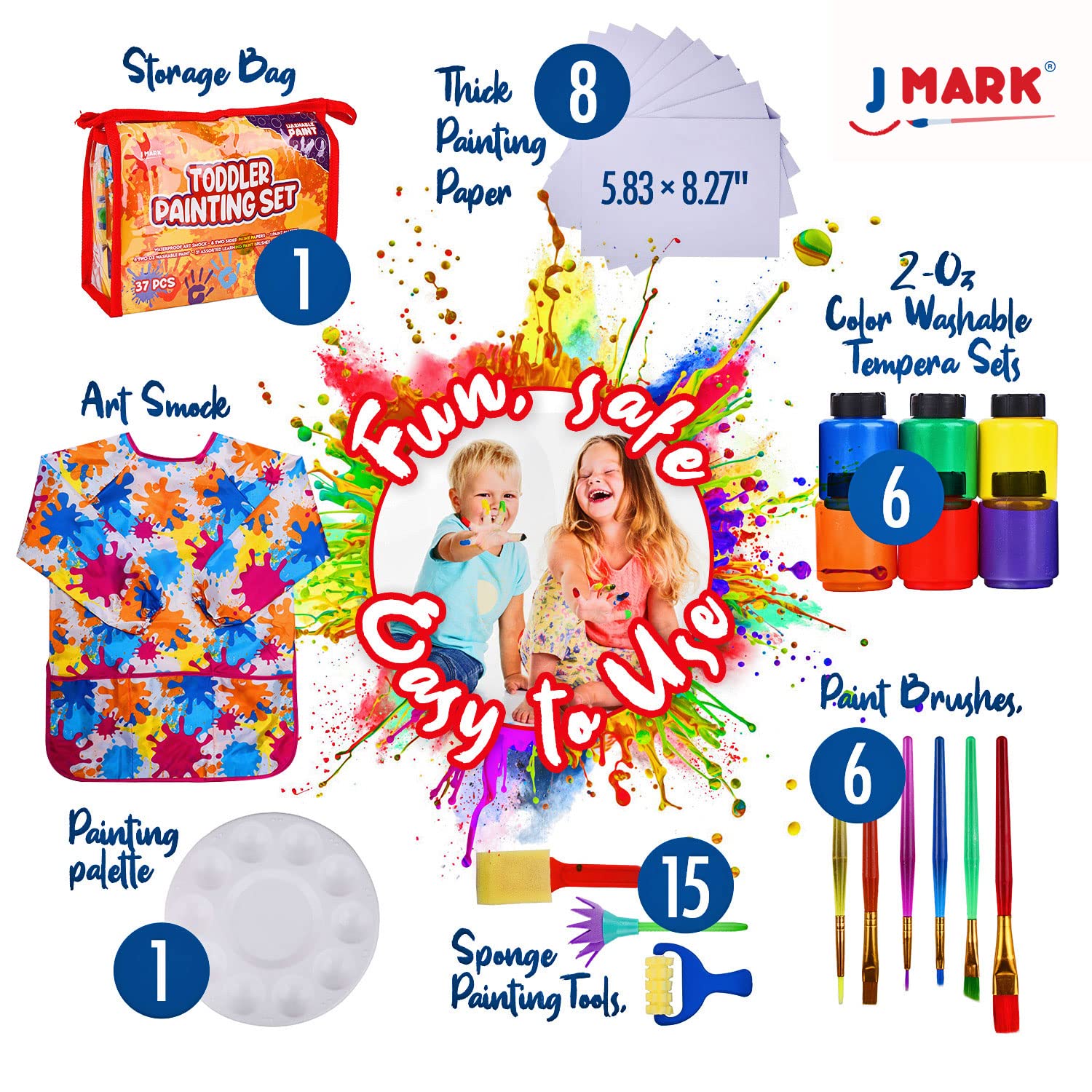 Six washable tempera paints from J MARK with vibrant colors for toddlers