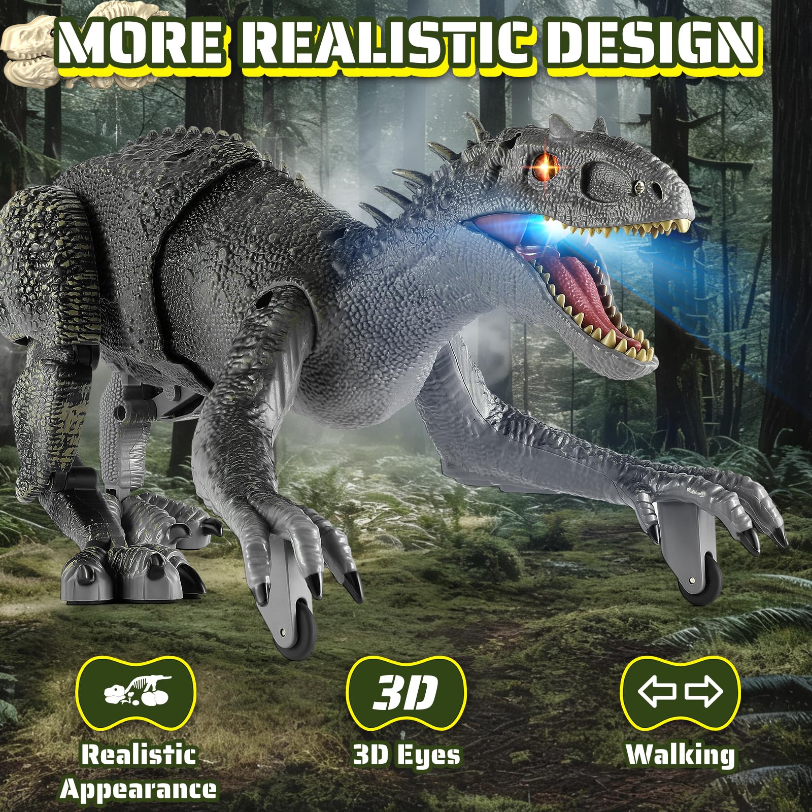 J Rootage dinosaur 3D eyes gray enhances storytelling with lifelike gaze.