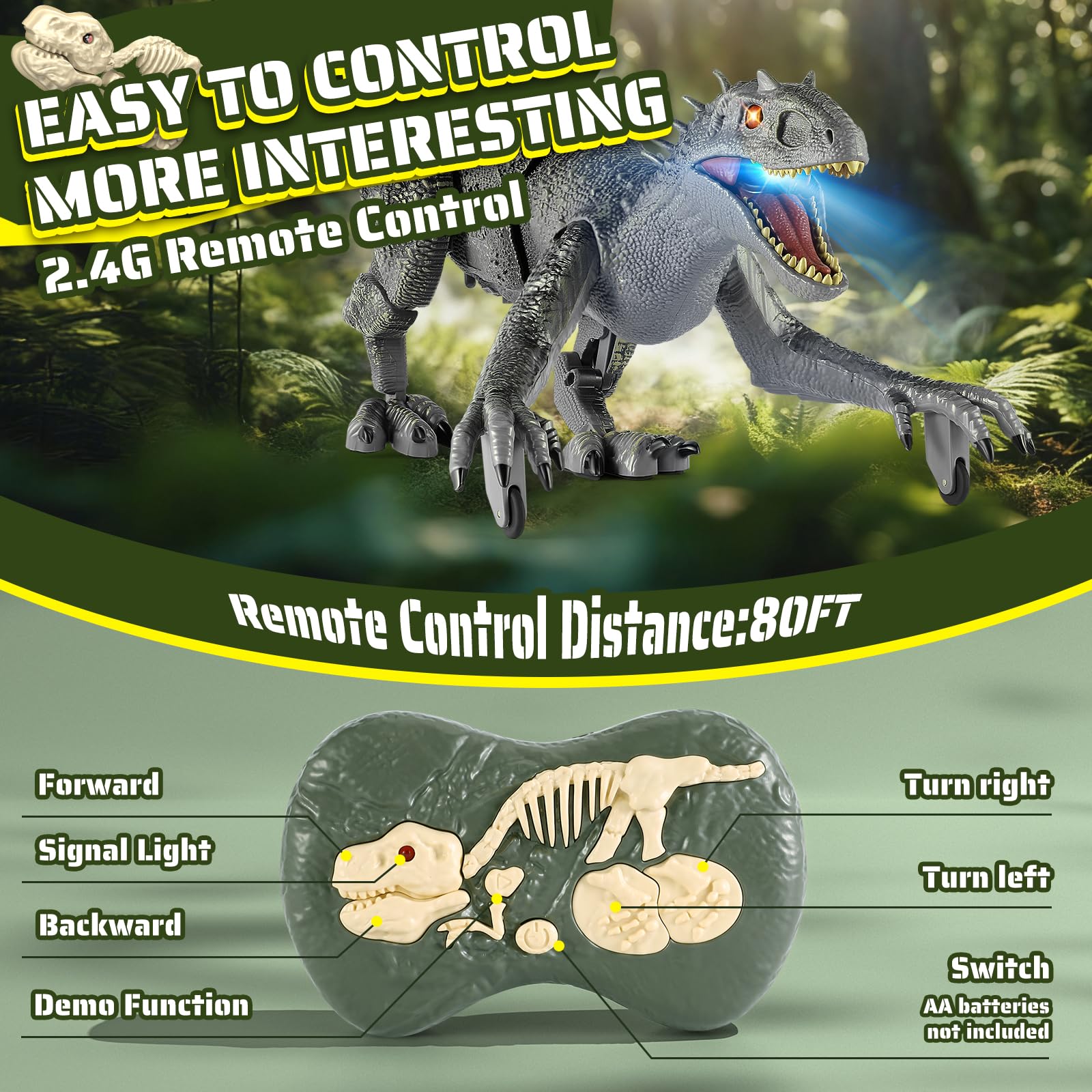 J Rootage dinosaur with 2.4GHz remote provides stable control.