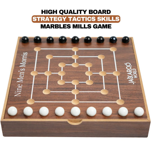 Jackaroo World Nine Men's Morris marbles in black and white for strategic play.