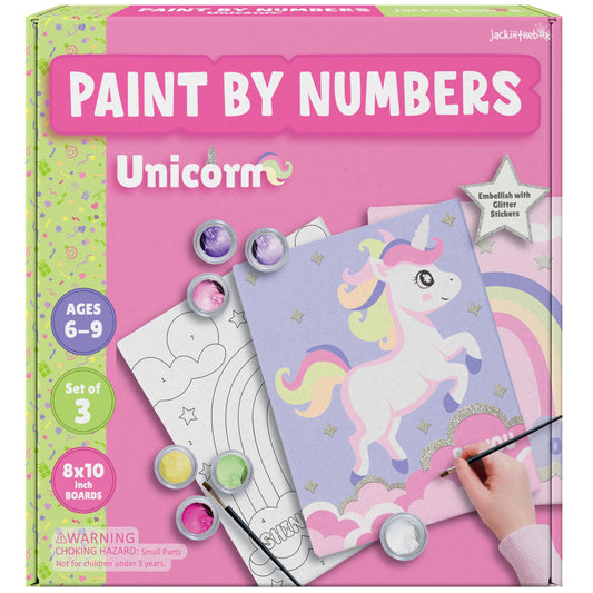 jackinthebox unicorn paint by numbers kit three-pack box for easy gifting