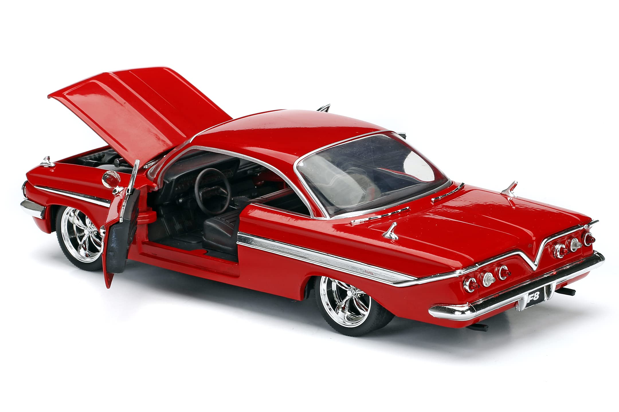 Jada Dom's Chevy Impala (Red) hood open, engine detail showcased.