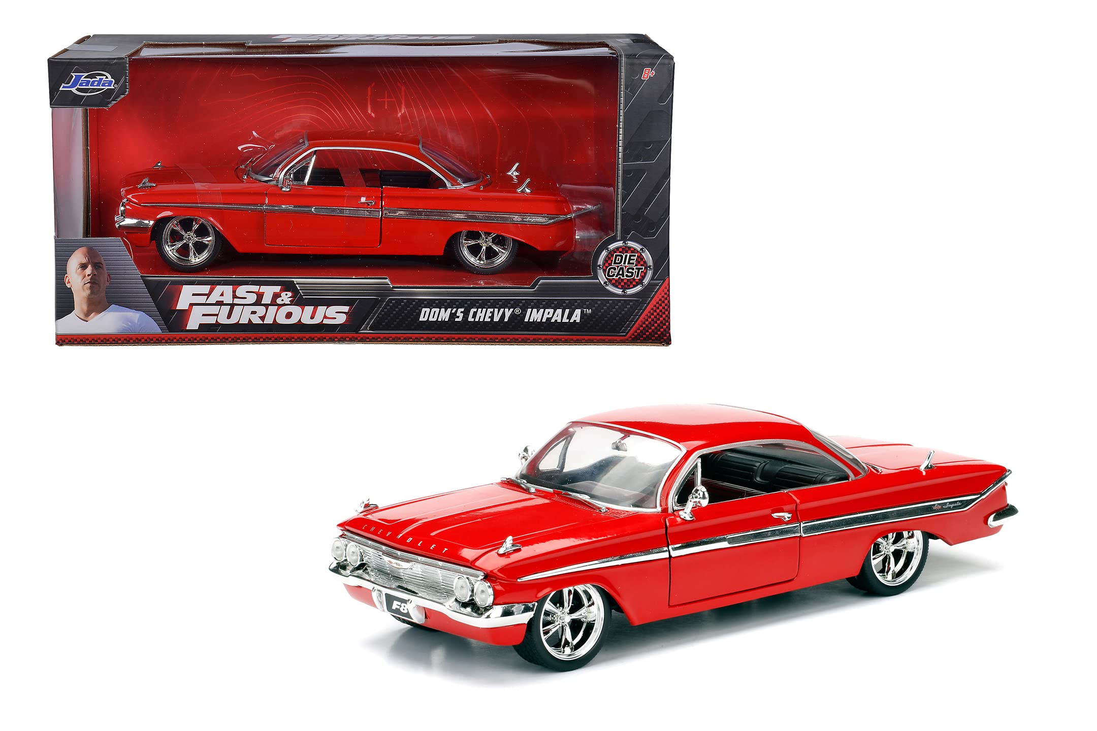 Jada Dom's Chevy Impala (Red) chrome wheels for premium realism.