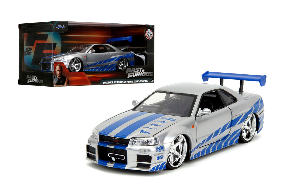 Jada Fast and Furious Brian's 2002 Nissan Skyline R34 in silver-blue finish for display collection.