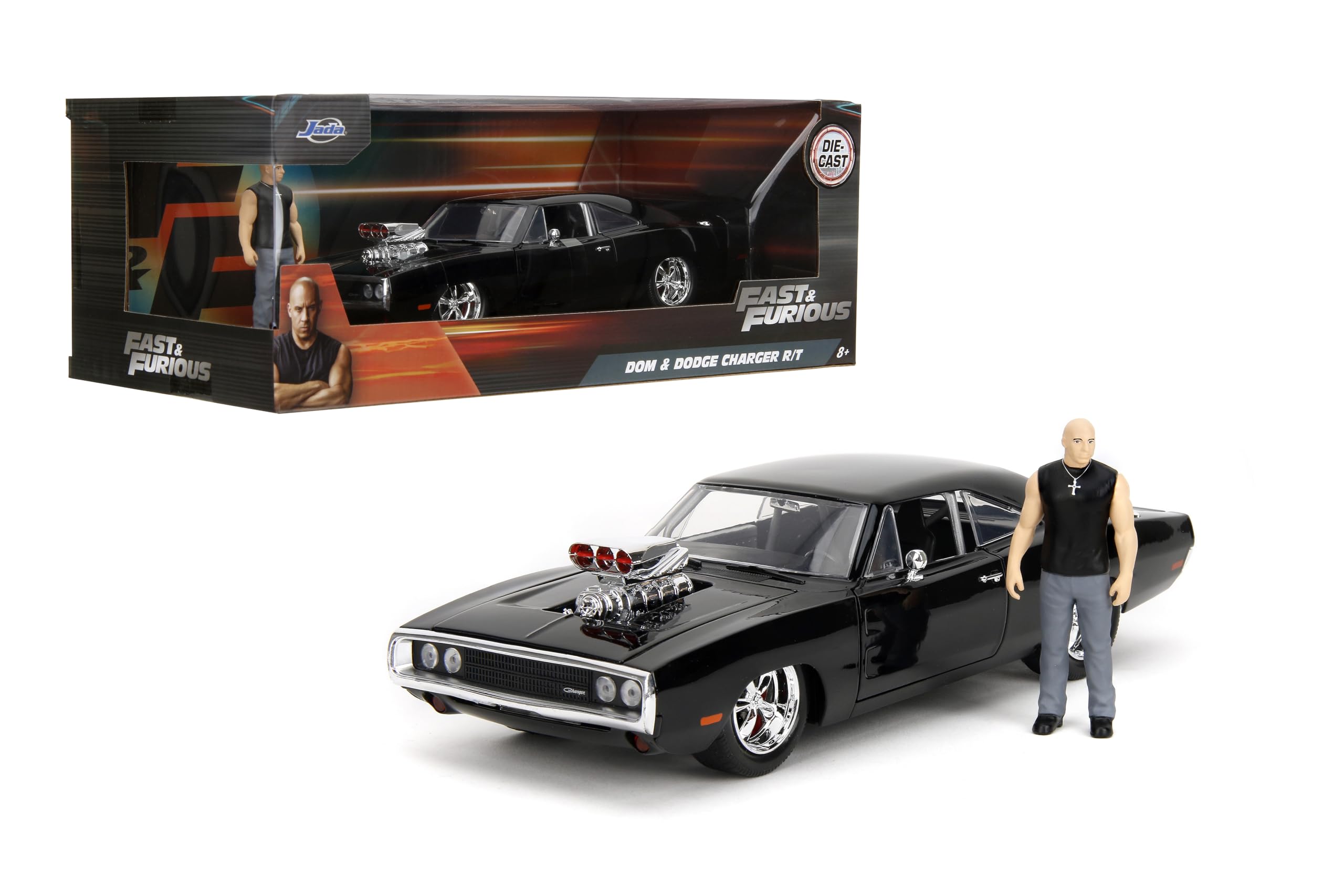 Jada Dom’s 1970 Dodge Charger front view with premium diecast finish for display.