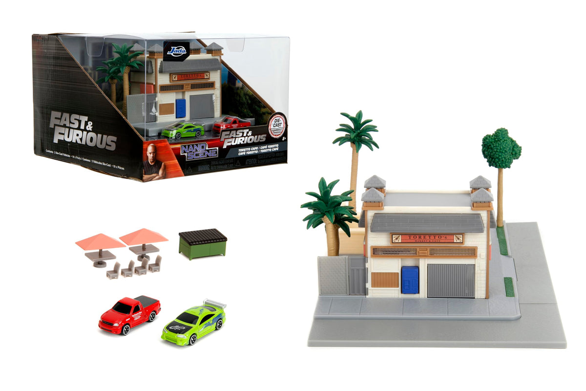 Jada Toretto's Market & Cafe exterior nanoscene with vibrant street racing vibe for display
