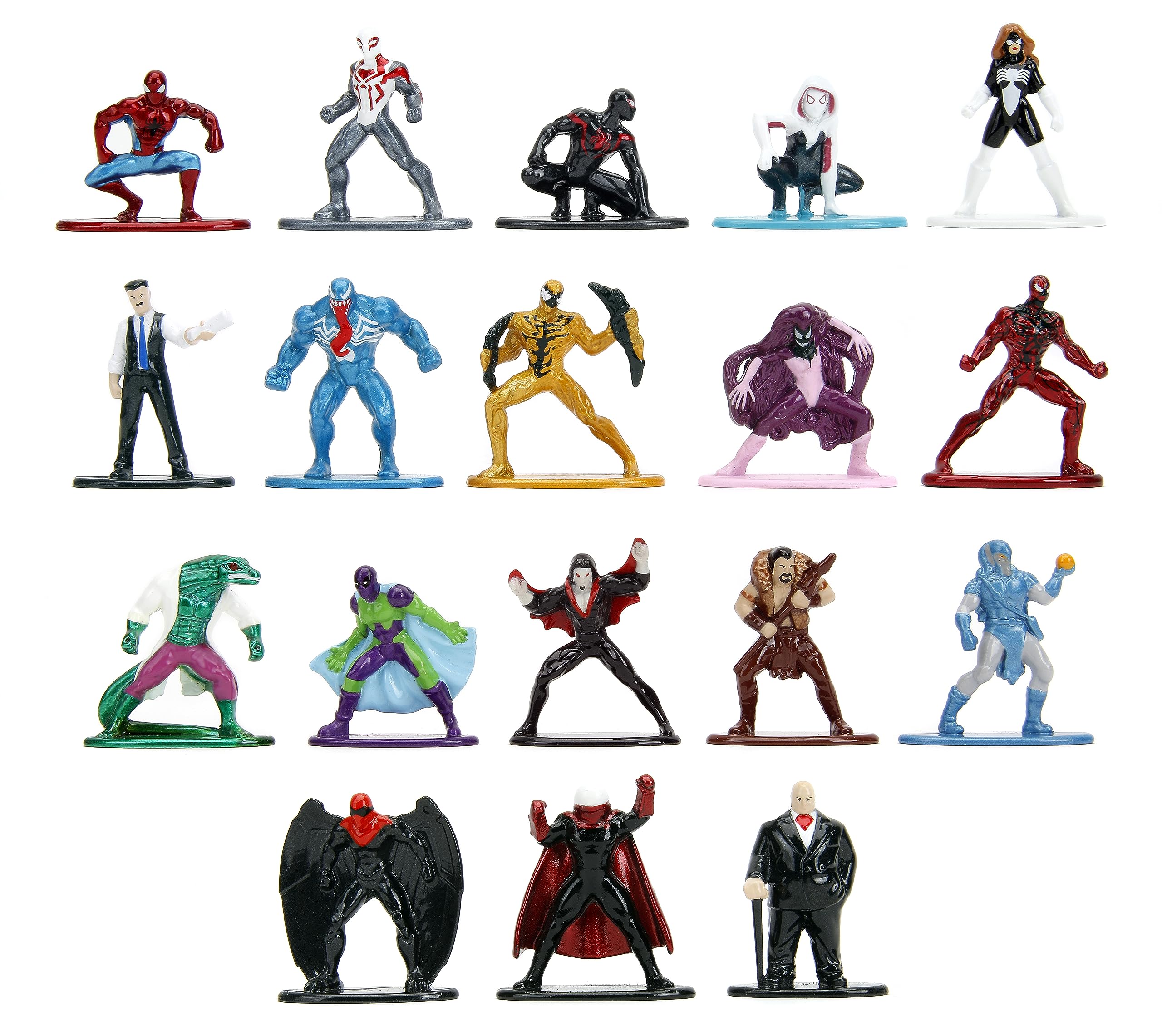 Jada Marvel Spider-Man Nano MetalFigs 18-pack Series 9 for desk display and collection.