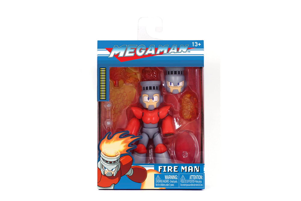 Jada Mega Man 4 Fire Man stand supports stable display during play and collection.