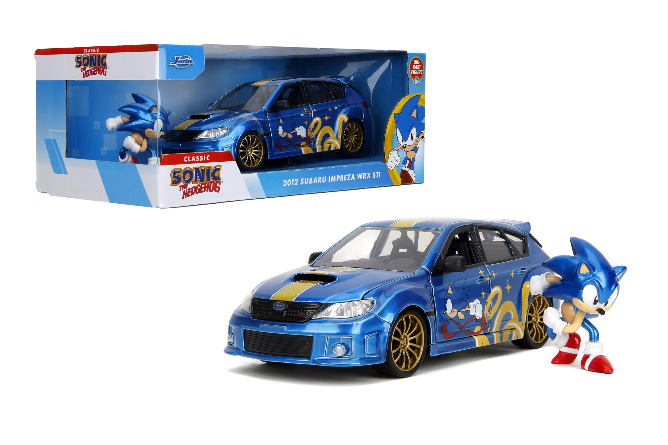 Jada Sonic Subaru STI 1:24 front view shows accurate paint and chrome details.