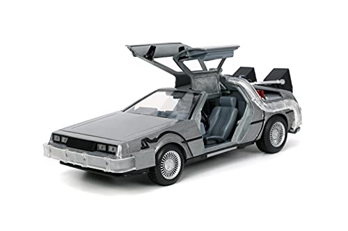 Jada Time Machine 1:24 chrome accents enhance realism on display.