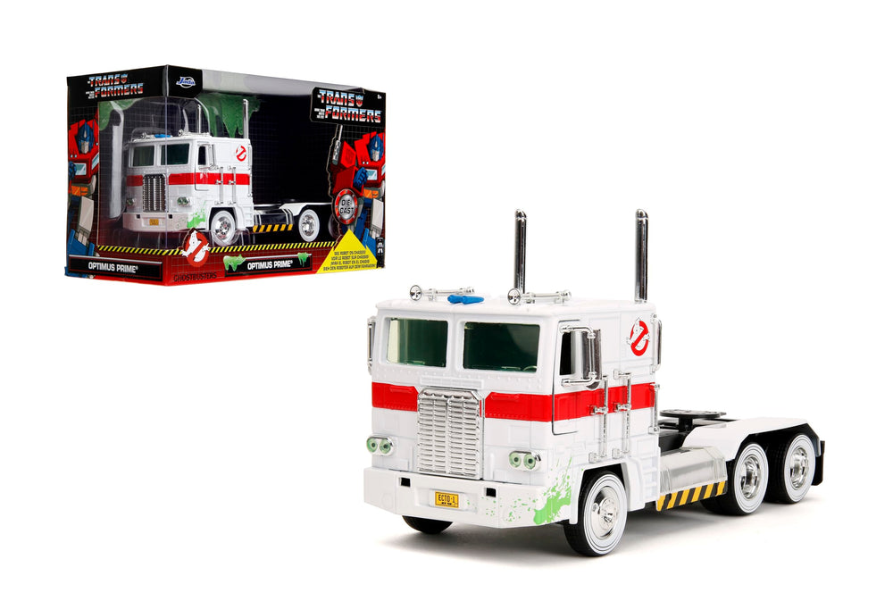 Jada Transformers G1 Optimus Prime Big Rig front view with Ecto-1 graphics, perfect for display.