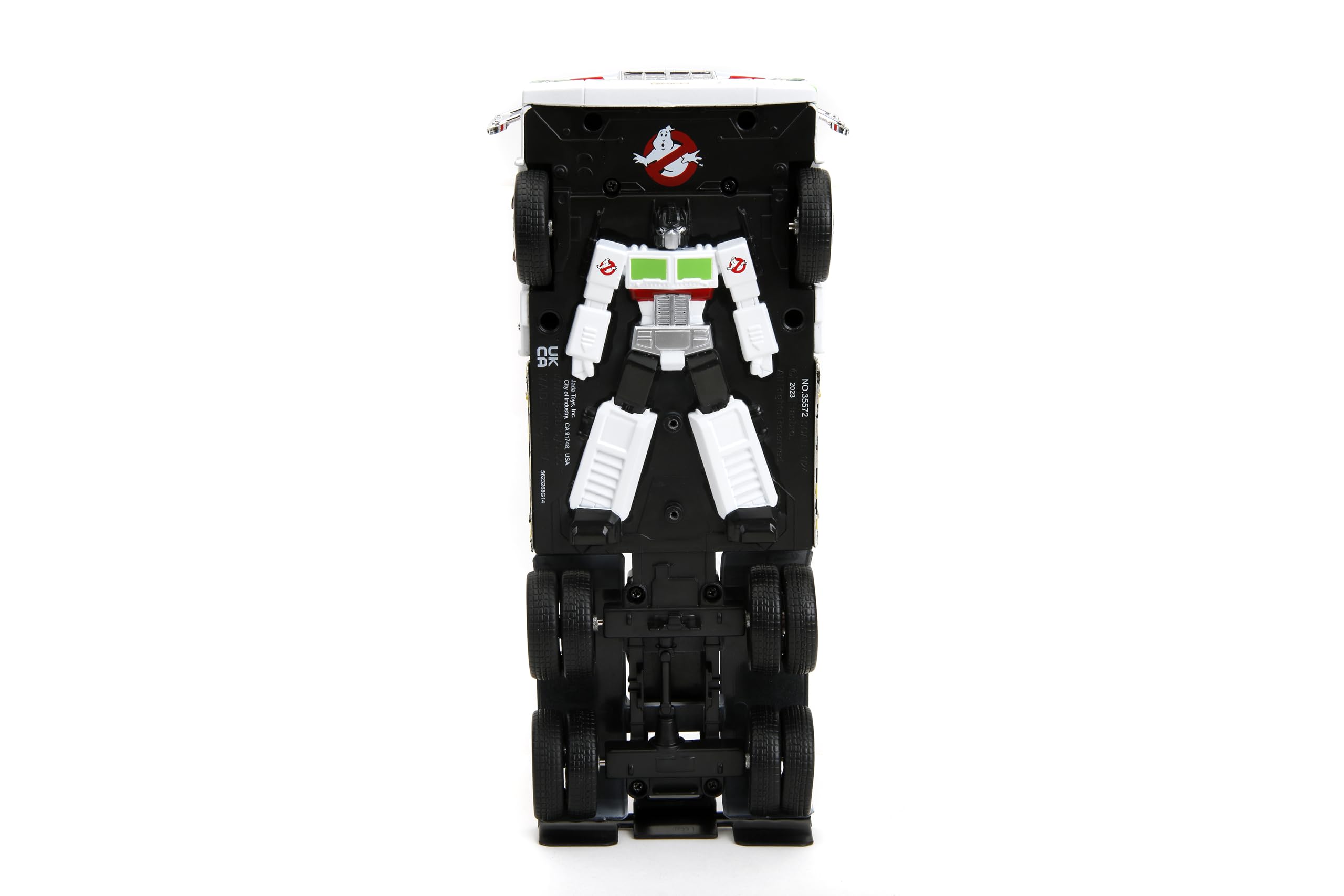 Jada Transformers G1 Optimus Prime Big Rig with Ecto-1 graphics ideal for shelf display.
