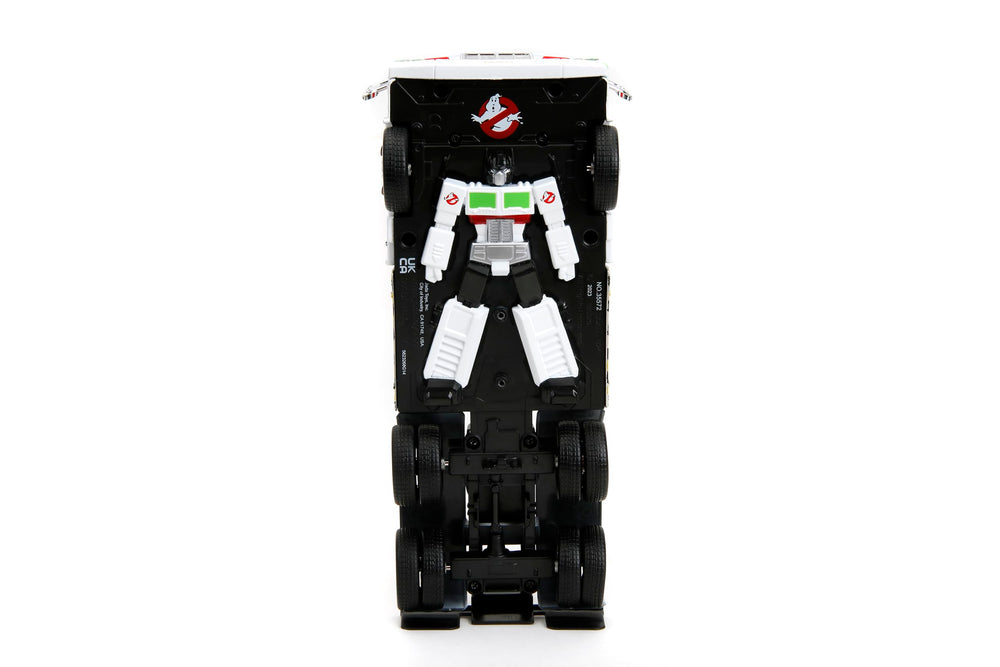 Jada Transformers G1 Optimus Prime Big Rig with Ecto-1 graphics ideal for shelf display.