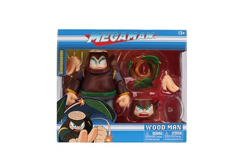 Jada Wood Man with textured armor enhances retro Mega Man display.