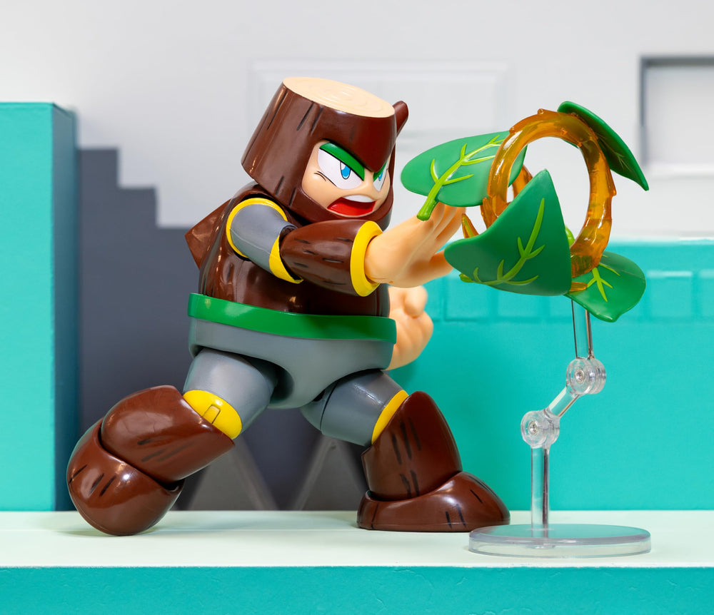 Jada Wood Man collector packaging highlights retro Mega Man visuals.