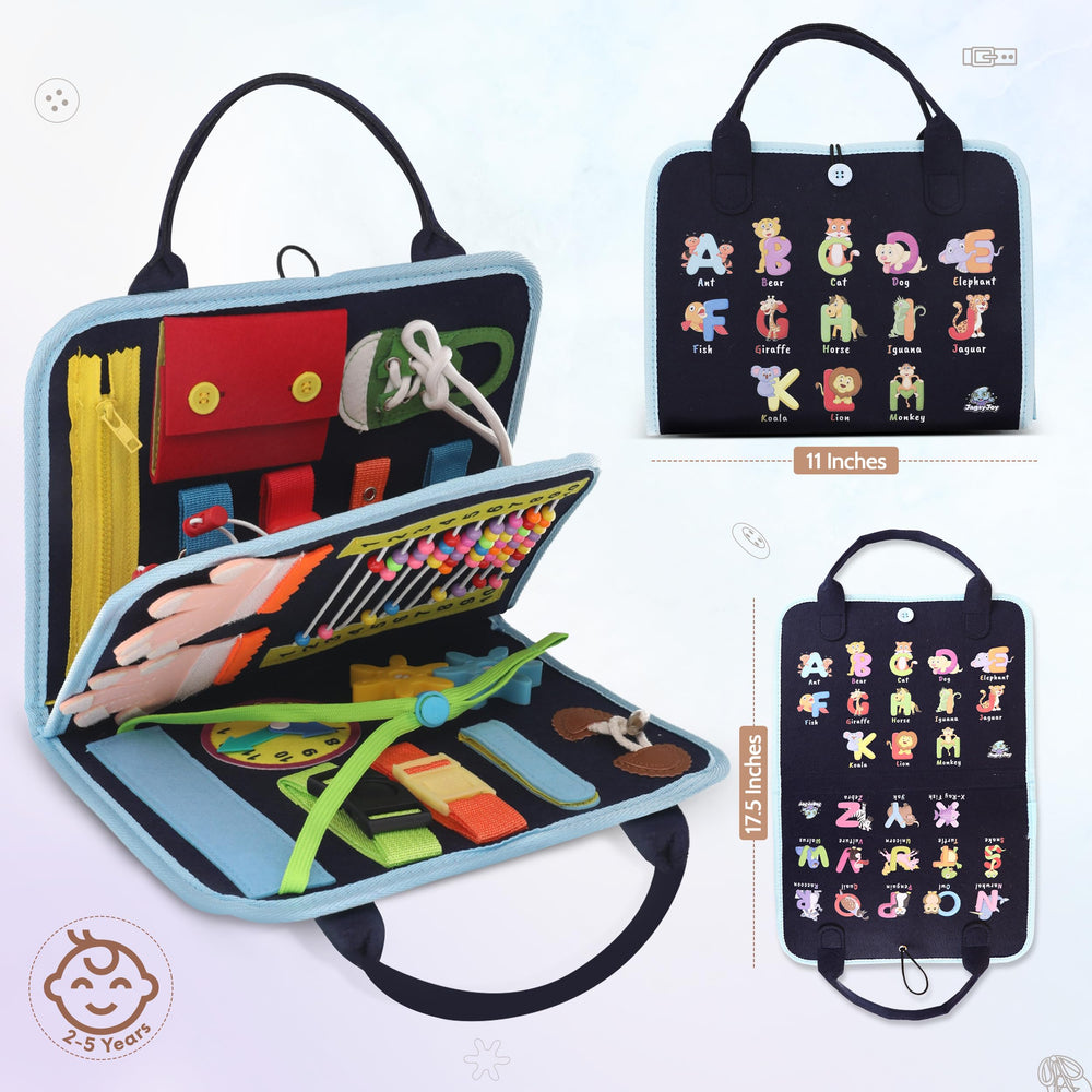 JAGSYJOY Busy Book zipper and button panel promotes hands-on dressing practice.