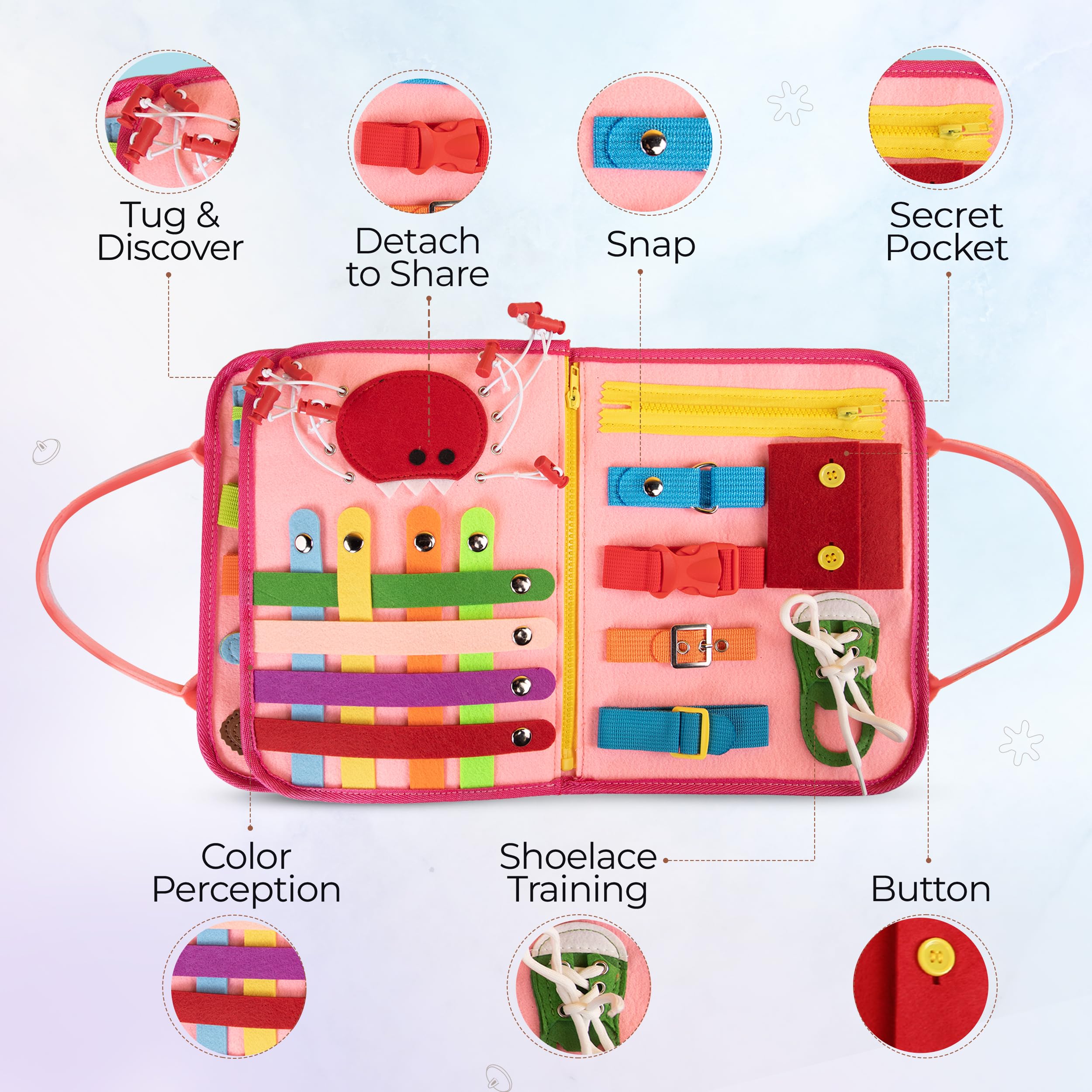 JAGSYJOY Busy Board Book felt fingers panel enhances tactile exploration.