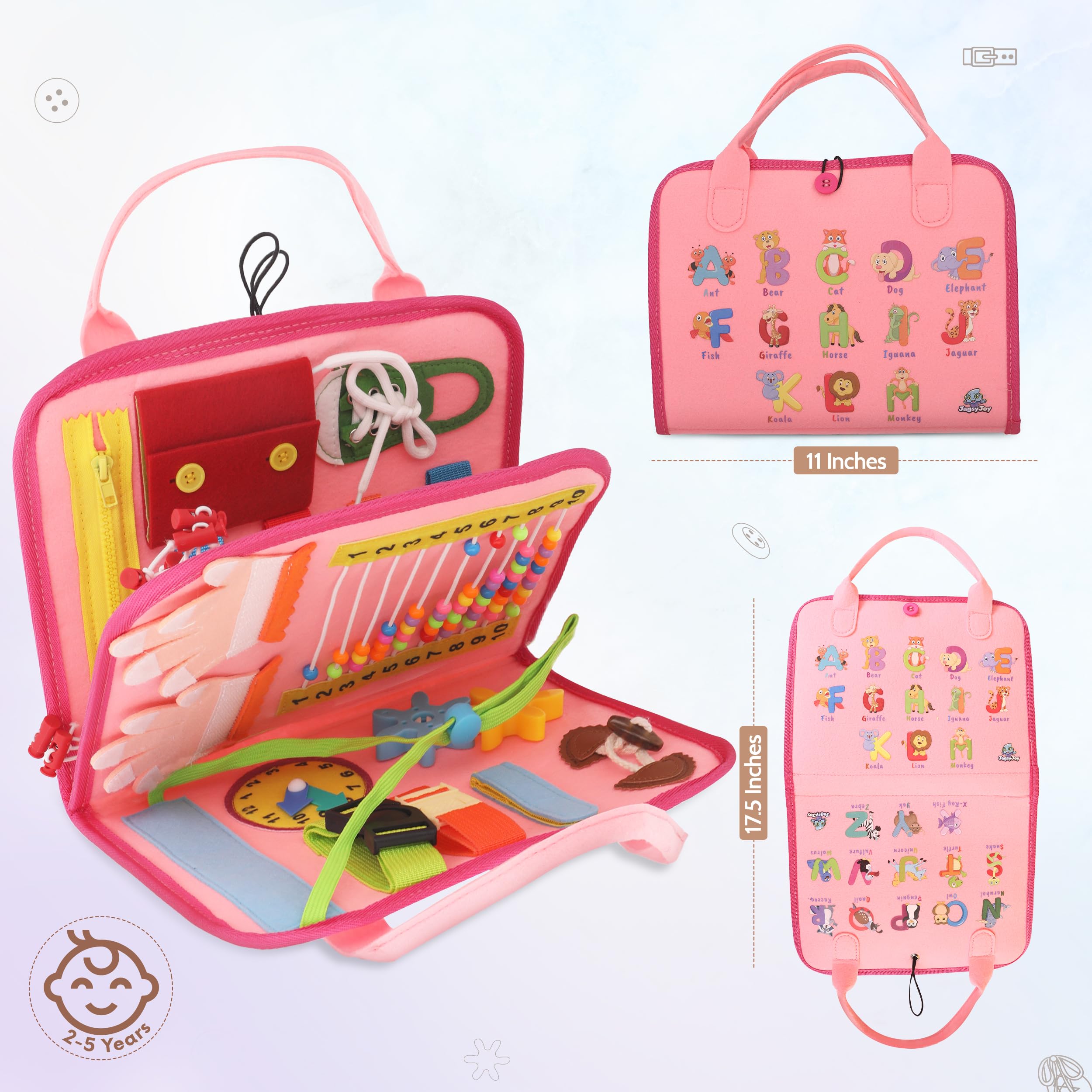 JAGSYJOY Busy Board Book travel handles for easy portability.
