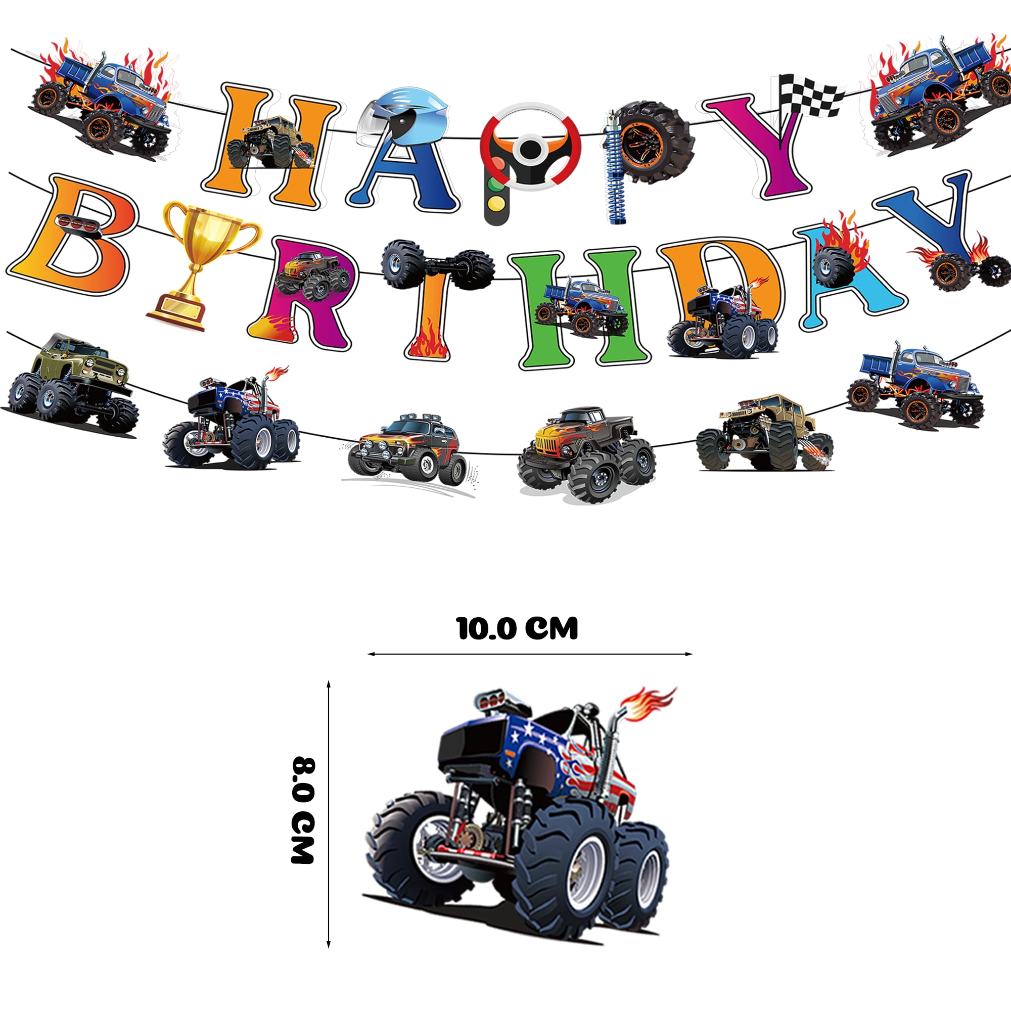 Jajajuegos Monster Truck banner bunting garlands brighten walls for celebrations.
