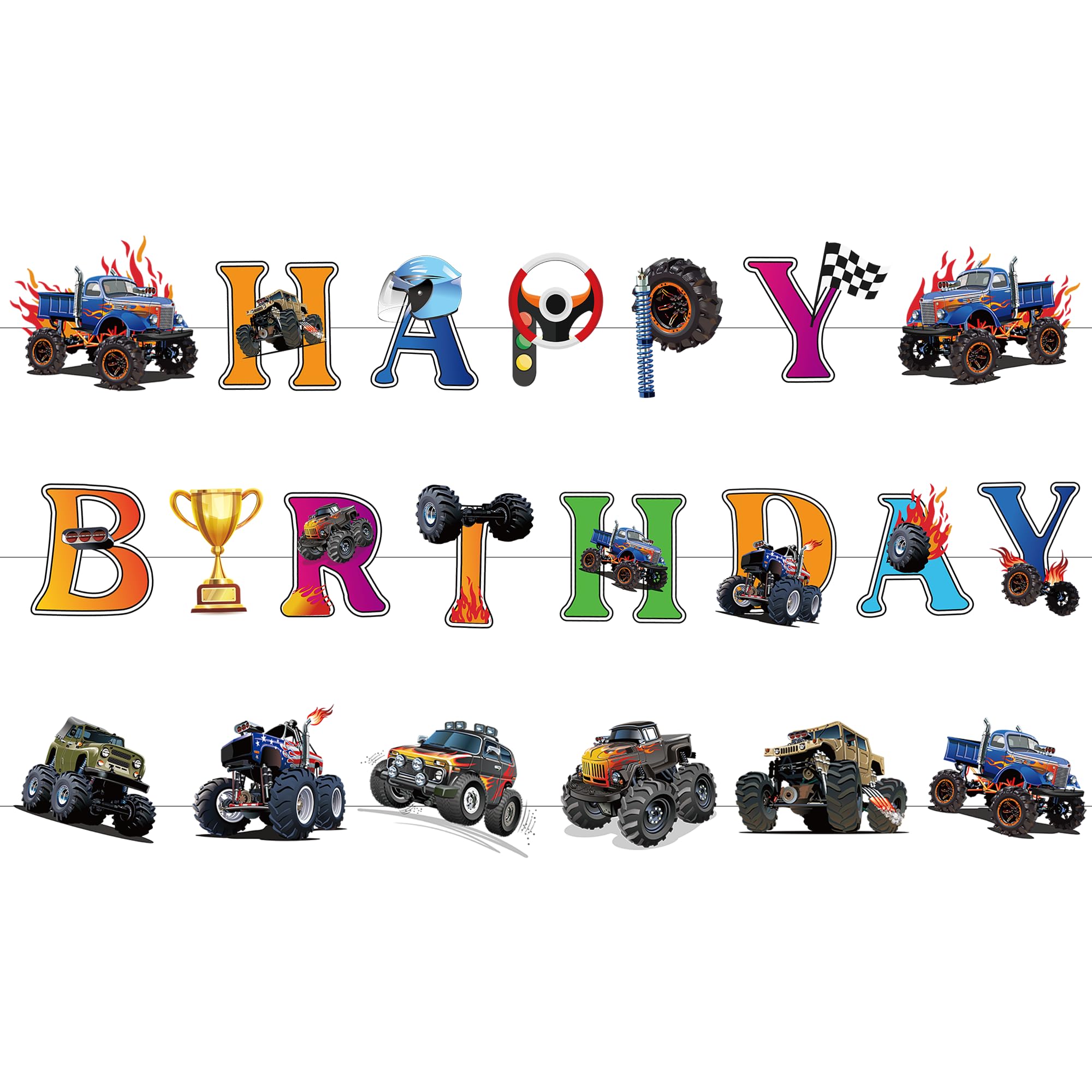 Jajajuegos Monster Truck hanging swirl style F completes colorful ambiance.