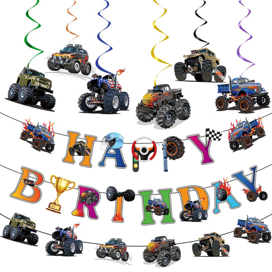 Jajajuegos Monster Truck Happy Birthday banner creates a bold party backdrop.