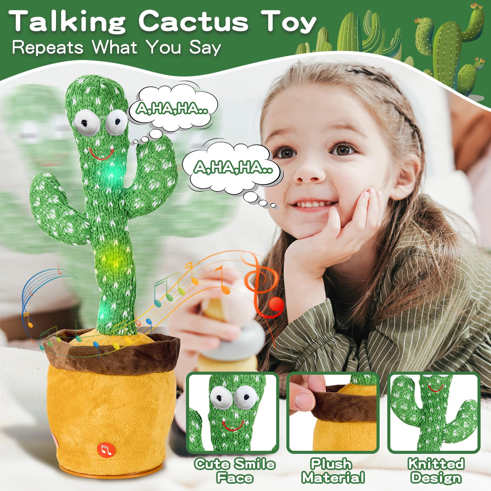 JAKCJFII dancing cactus toy LED lights glow during performance for ambience.