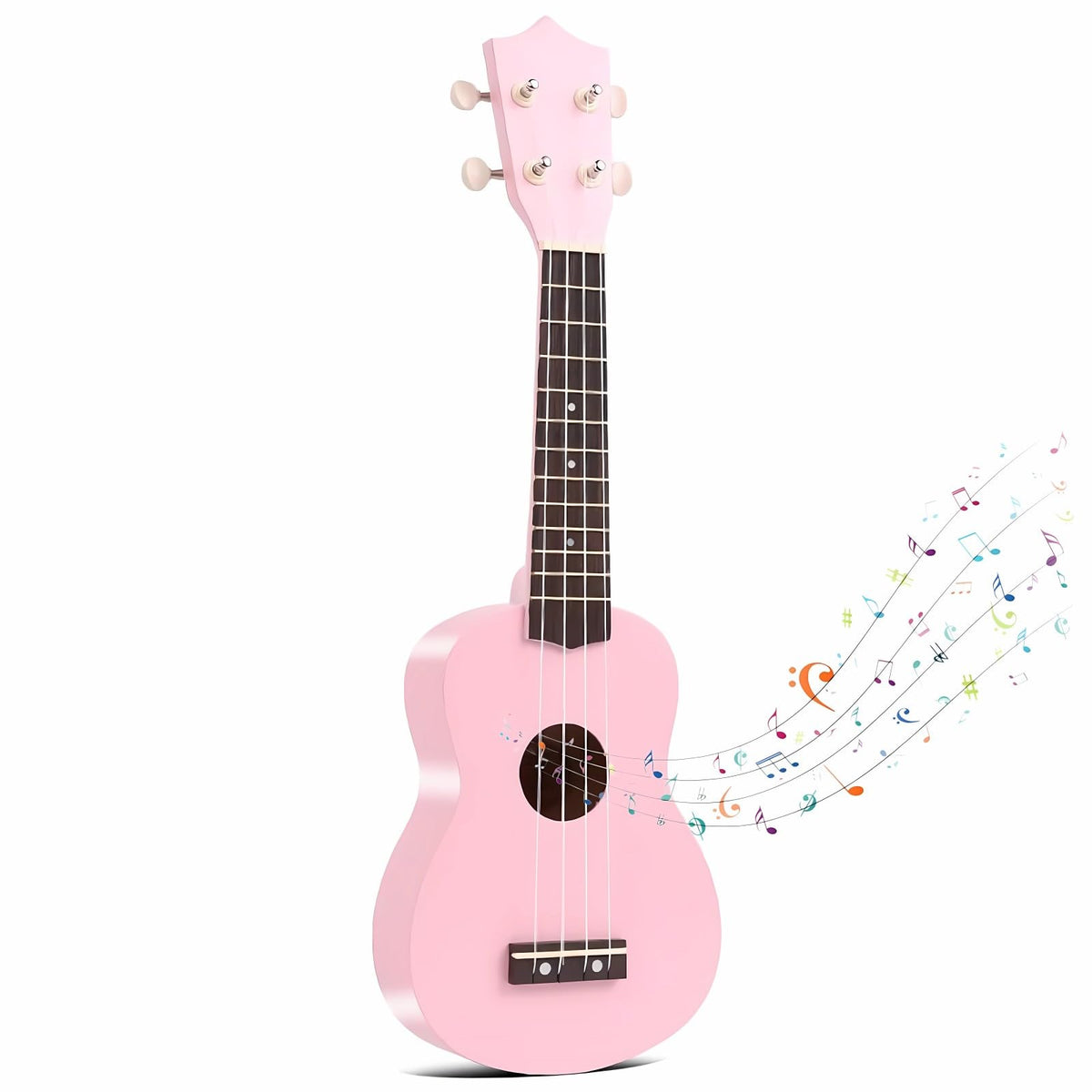 Jakeloo pink body guitar; beginner-friendly instrument with bright sound.