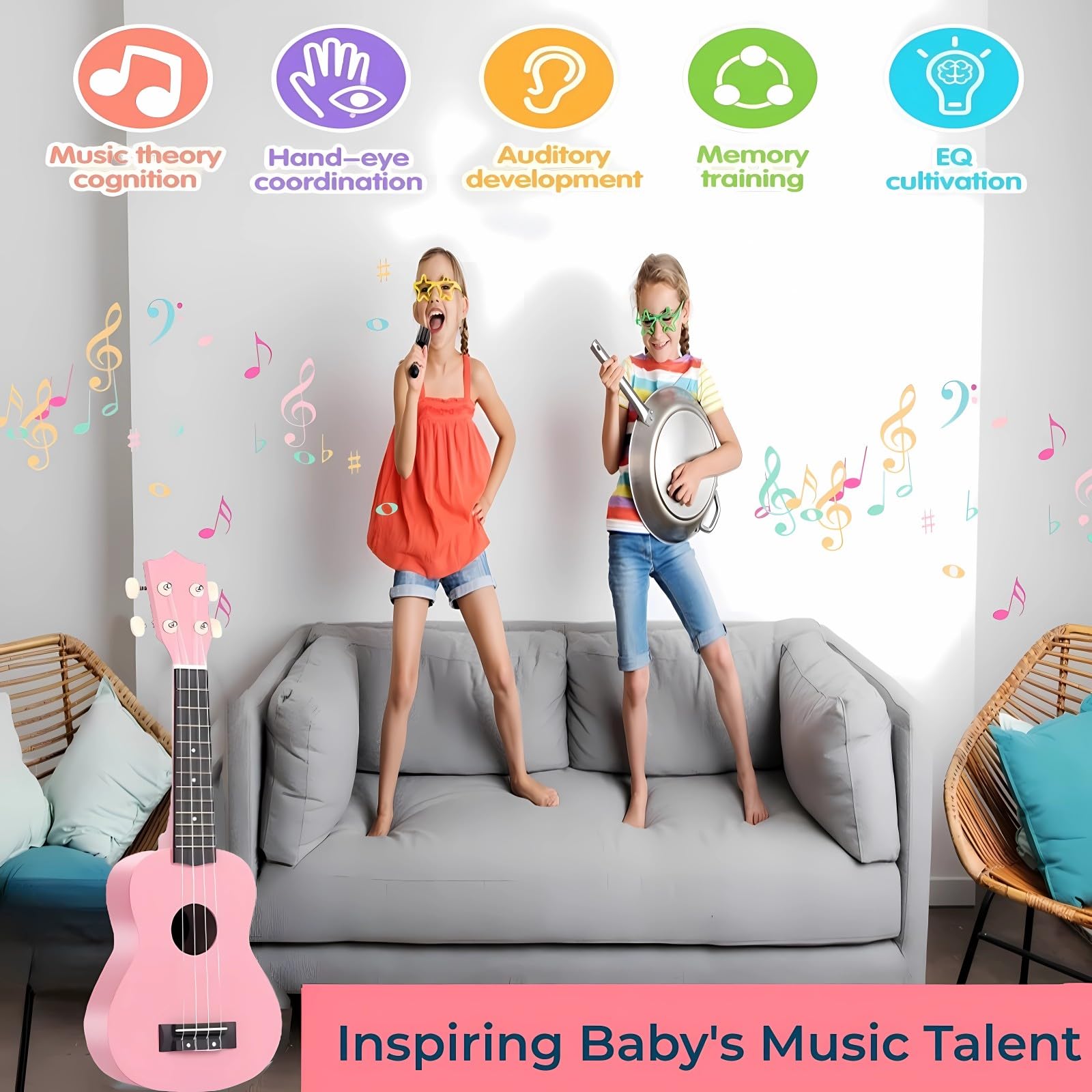 Jakeloo pink fretboard; supports developing finger coordination.