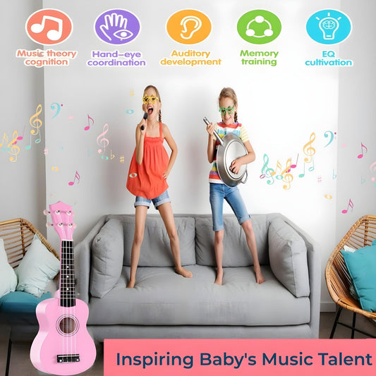 Jakeloo 21-inch wooden pink guitar side view, compact kid-friendly size.