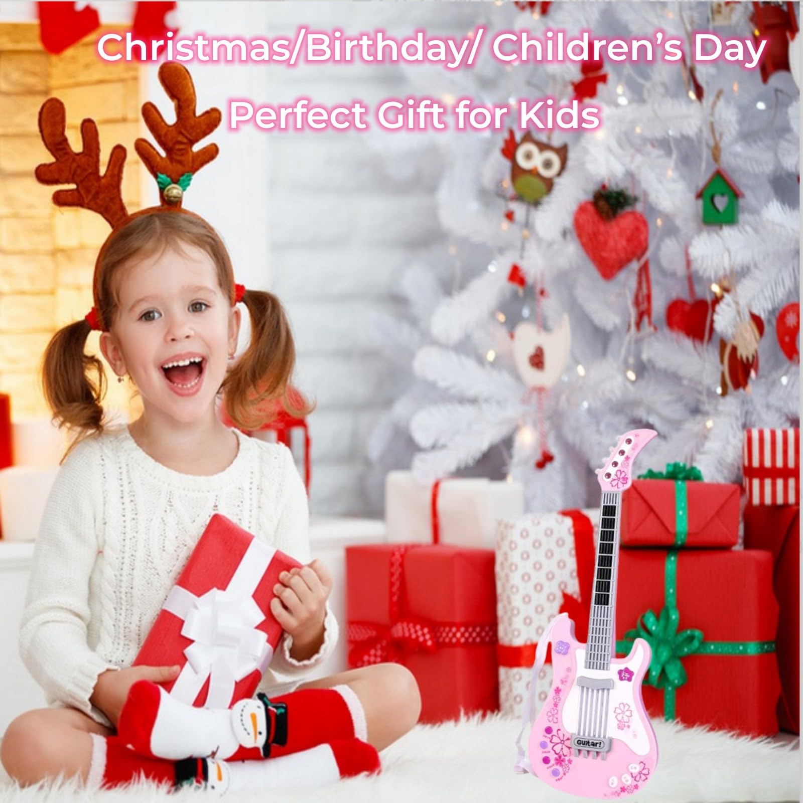 Jakeloo kids electric guitar no-string design keeps play safe.