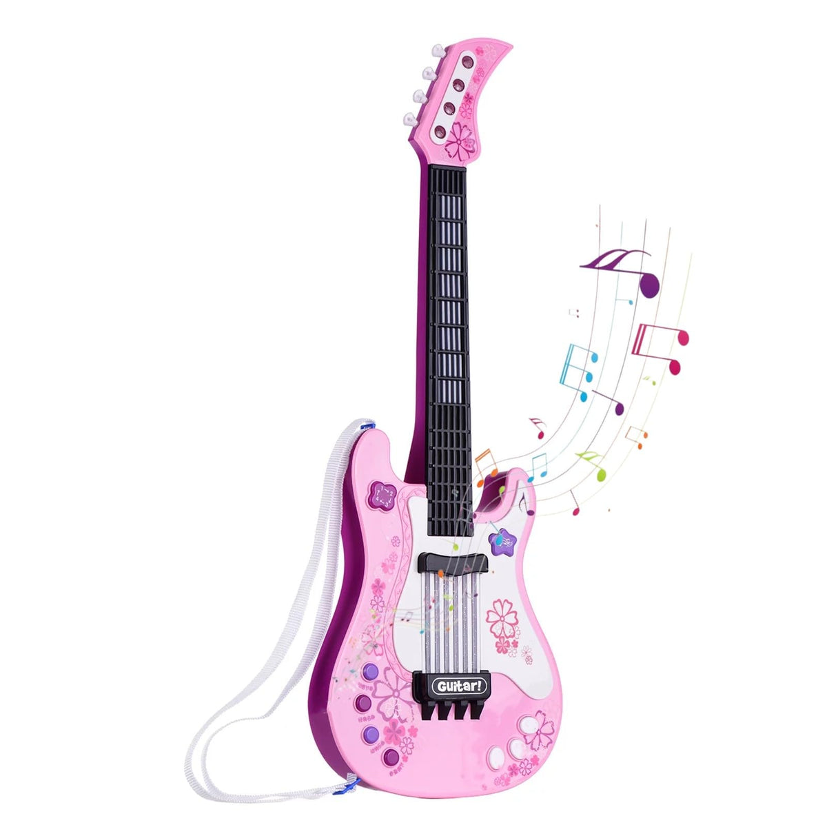Jakeloo kids electric guitar pink body supports beginner play and creativity.