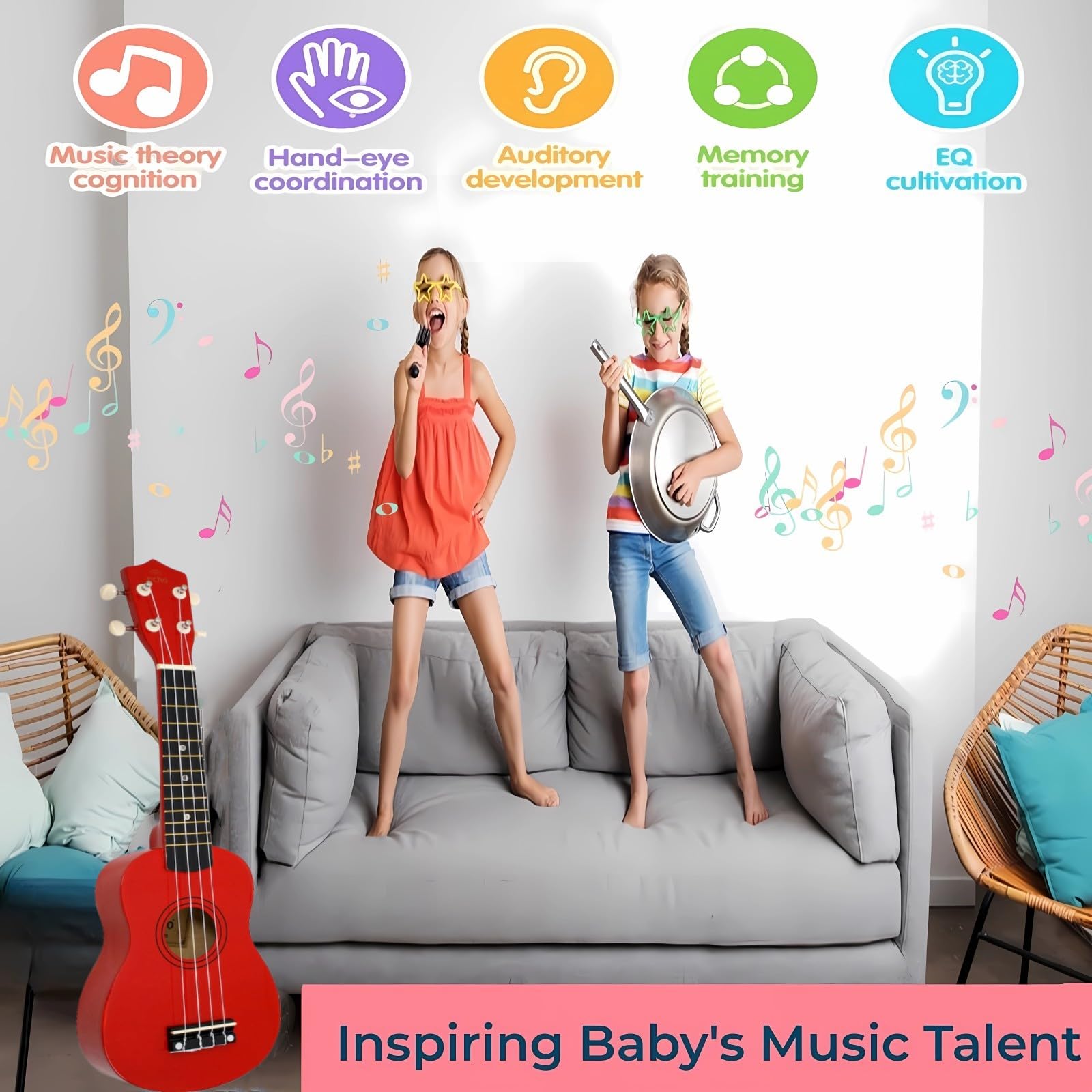 Jakeloo toddler acoustic wooden guitar offers clear tone for budding players.