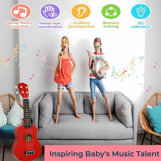 Jakeloo toddler acoustic wooden guitar offers clear tone for budding players.