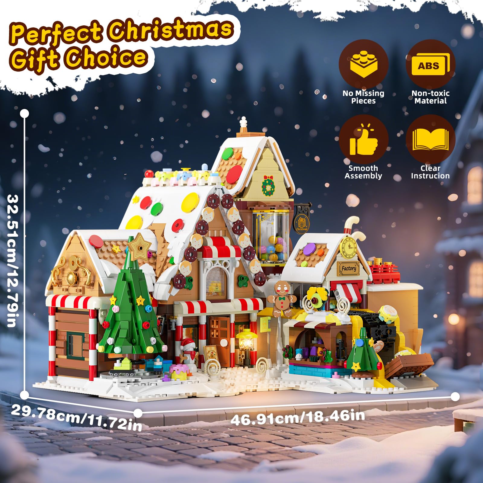 JAKI gingerbread house door light illuminates the festive scene.