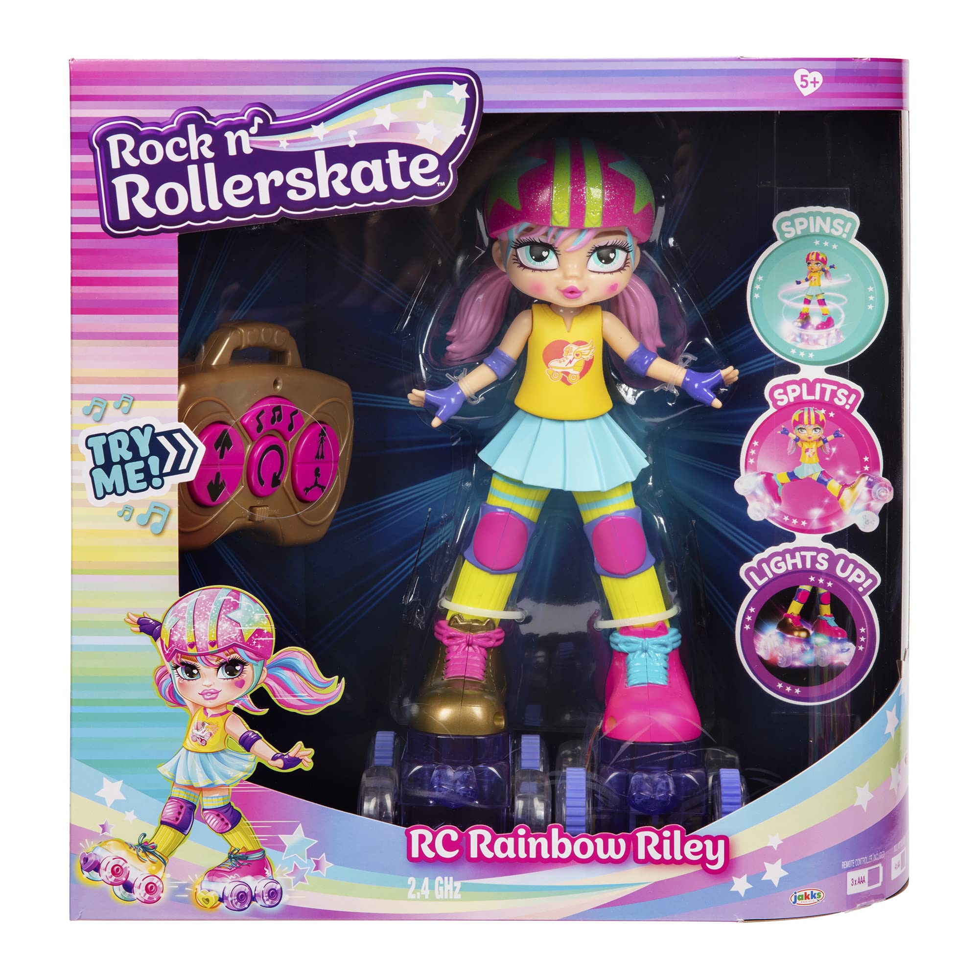 JAKKS Pacific Rainbow Riley performs 360-degree spins for energetic routines.
