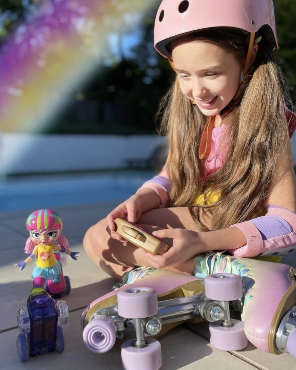 JAKKS Pacific Rainbow Riley remote control boom box guides forward and spins.