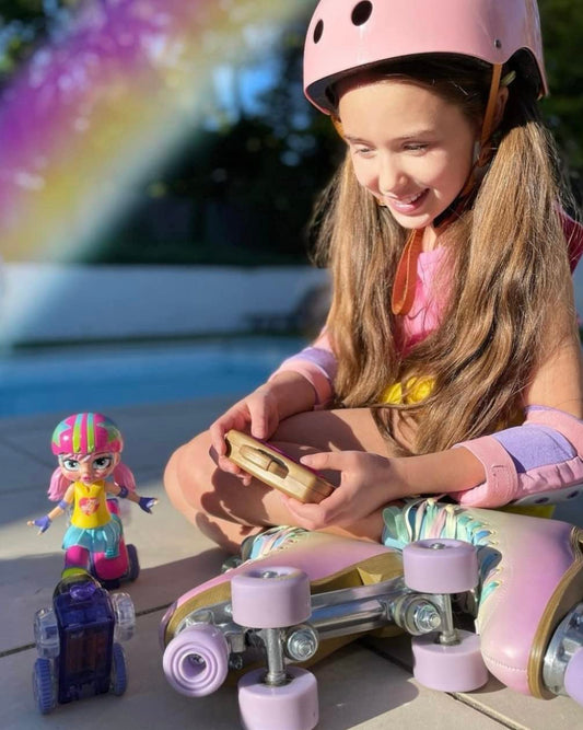 JAKKS Pacific Rainbow Riley remote control boom box guides forward and spins.